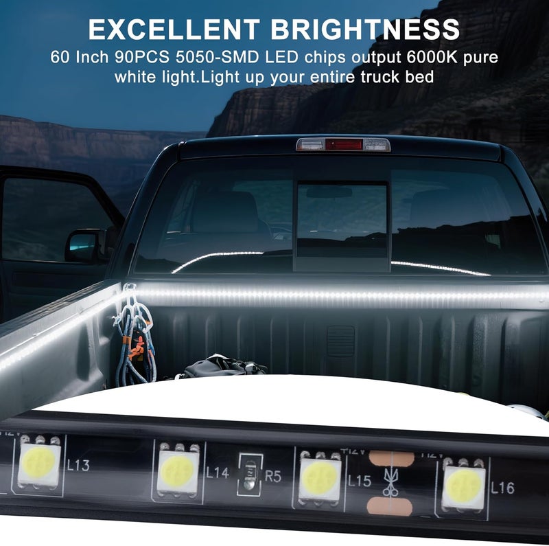 Ligrel Truck Bed Light Strip - 2PCS 60" 180 LED Waterproof Strip Kit with On/Off Switch/Splitter for Trucks, SUVs, RVs, Boats (6000K Cool White) - Image 2